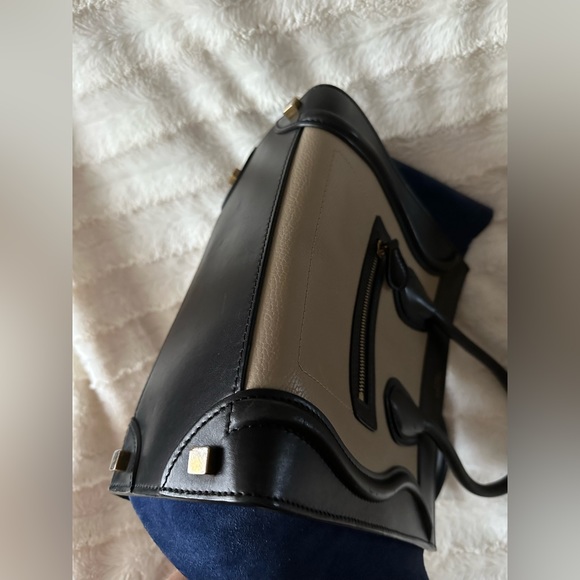 CELINE Tri-Color, Tan Calfskin Leather, Blue Suede, Black Trim, Luggage Tote Bag - Picture 5 of 11